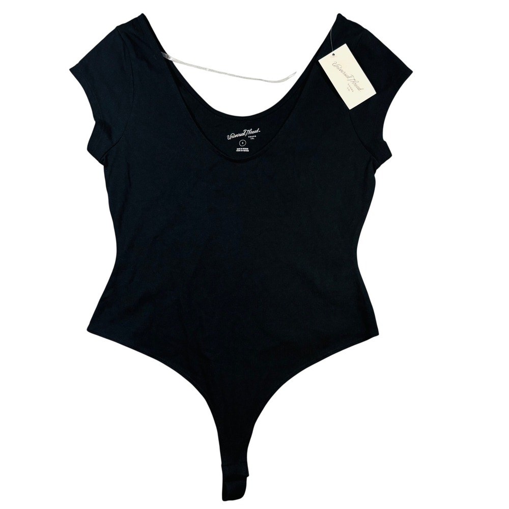 Universal Thread Bodysuit Womens Small Black Cap Sleeve Scoop Neck Thong EBONY
